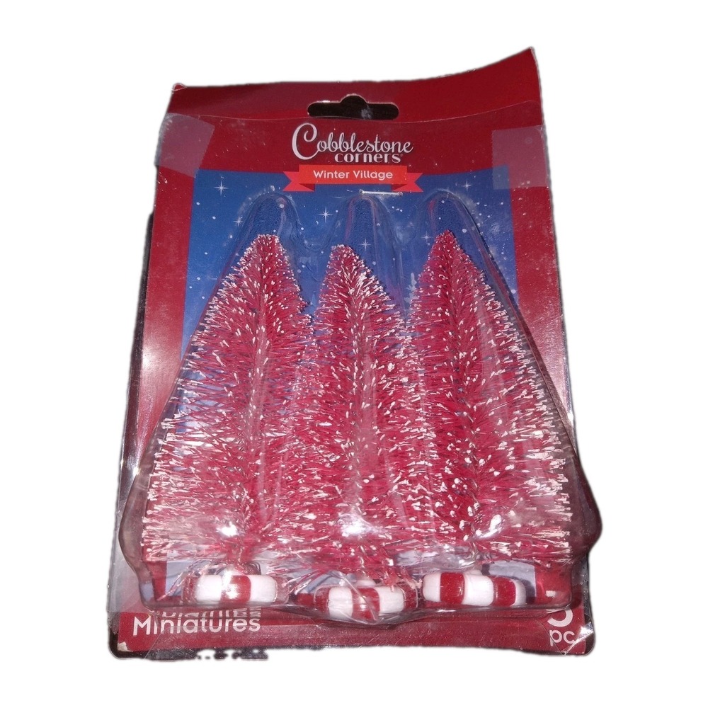 Cobblestone Corners Winter Village Christmas Trees Peppermint Red 4"‎